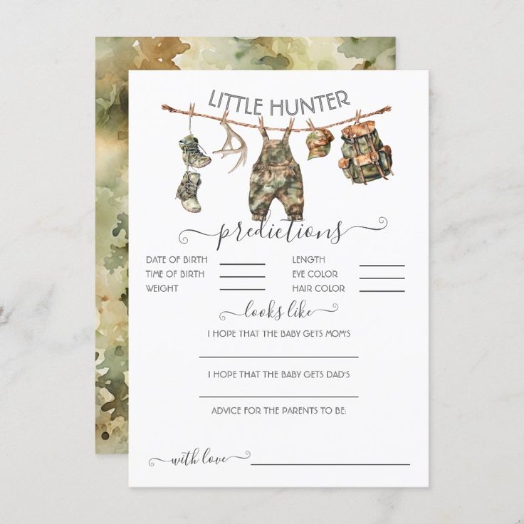 a baby shower card with clothes hanging on a line and the words, little hunter