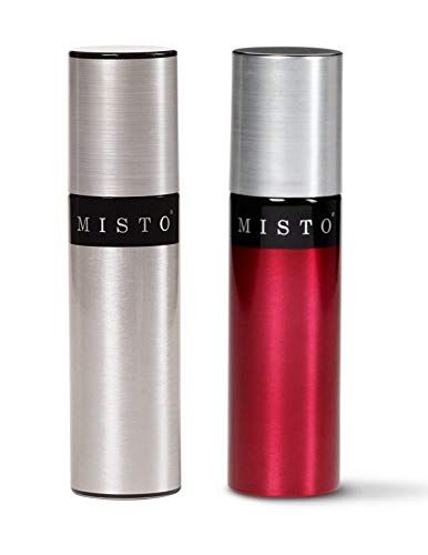 a red and silver bottle next to each other on a white background with the word misto written in black