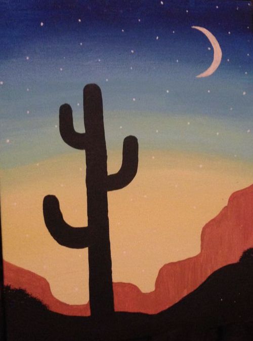 a painting of a desert scene with a cactus in the foreground and a half moon in the background