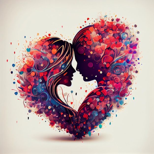 two people are in the shape of a heart with colorful circles around them and one is kissing