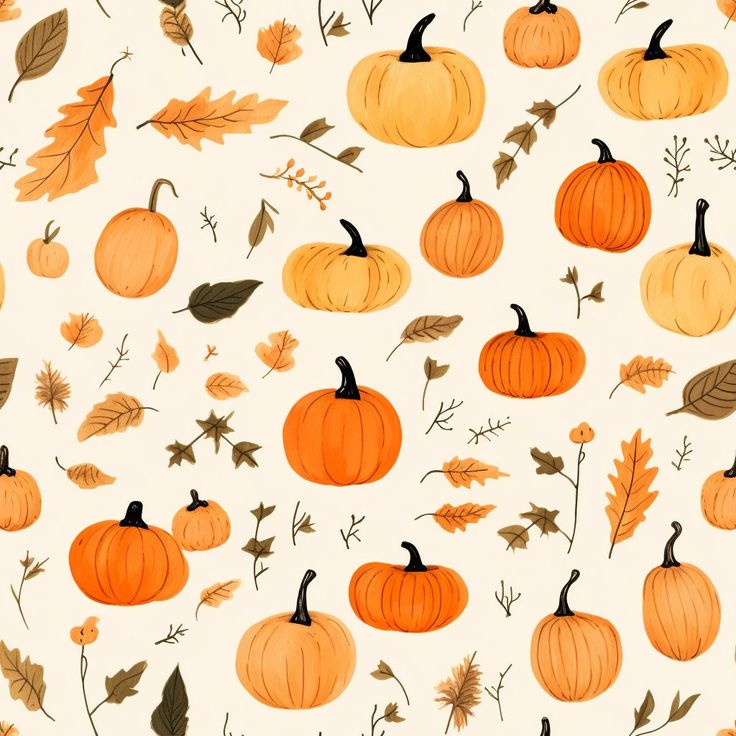 an image of pumpkins and leaves on a white background for wallpaper or fabric