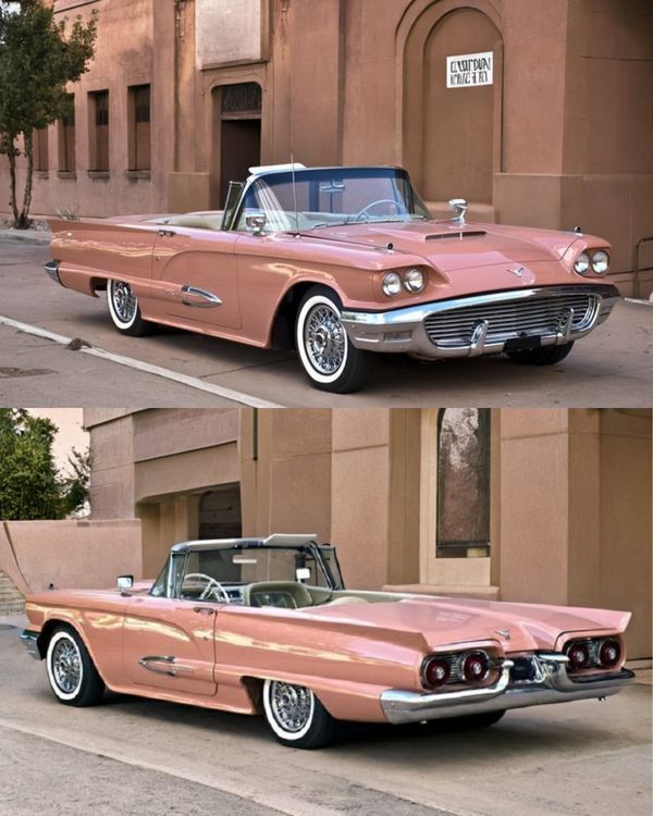 an old pink car is parked in front of a building and another photo shows it's exterior