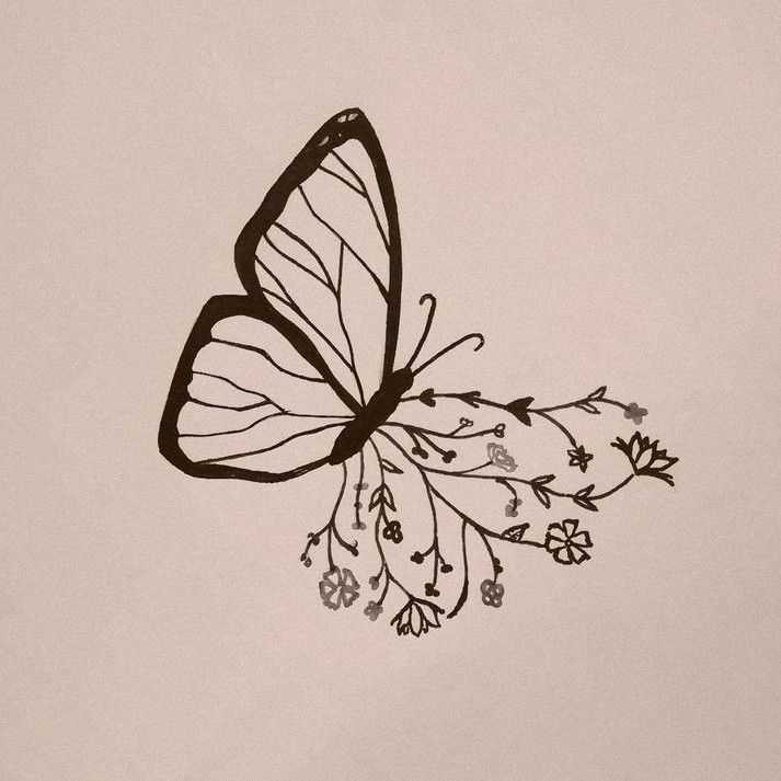 a black and white drawing of a butterfly with flowers on it's back wing