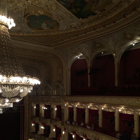 a chandelier hangs from the ceiling in an ornately decorated auditorium