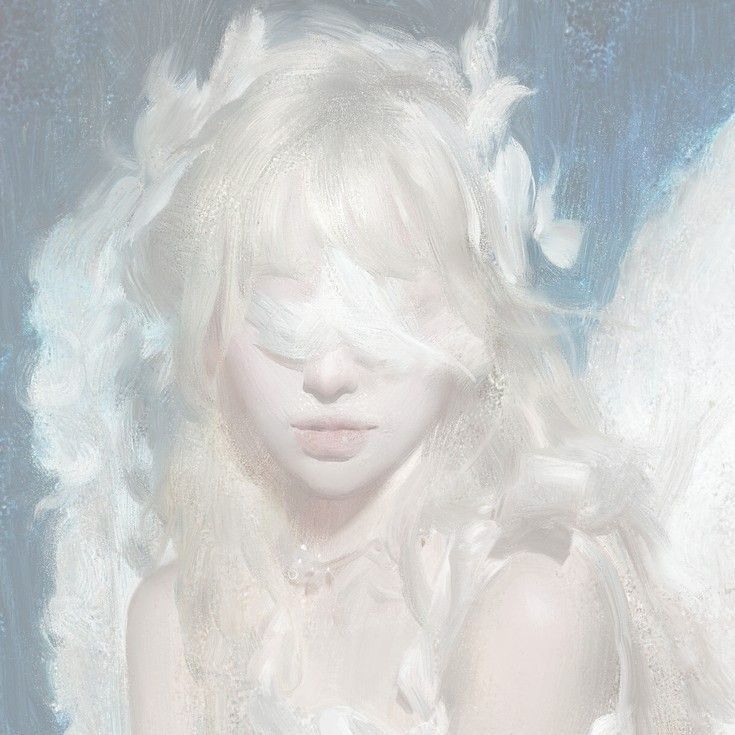 a painting of an angel with white hair and wings