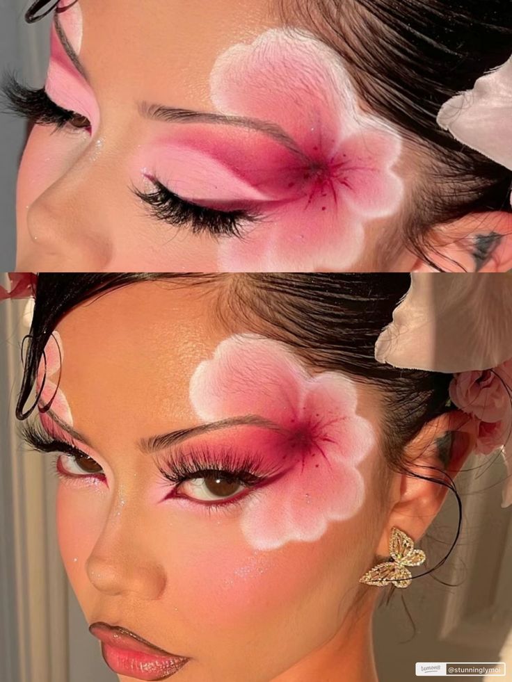 Flower Makeup Tutorial, Hibiscus Flower Makeup, Art Makeup Creative, Hibiscus Makeup, Unique Makeup Looks Creative, Unique Makeup Ideas Creative, Tropical Makeup Look, Creative Eye Makeup Ideas, Flower Eye Makeup