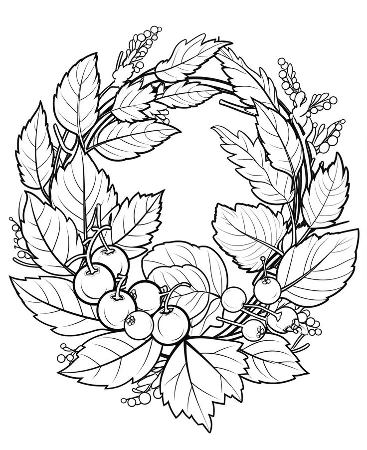 a wreath with leaves and berries on it, in black and white coloring book page