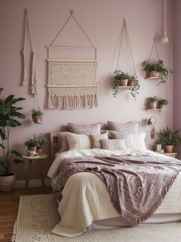 a bedroom with pink walls and hanging plants