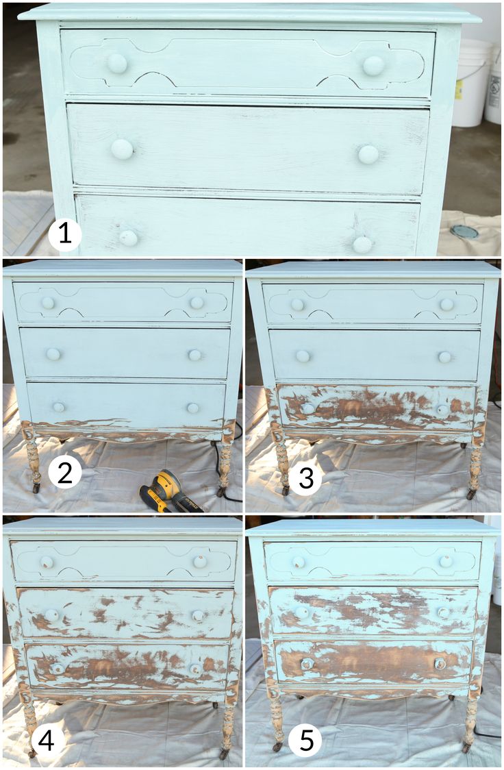 A dresser is gradually sanded to provide a distressed look that is ...