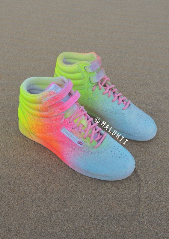 Customised Trainers, Reebok Classic High Tops, Theme Garden, Reebok Freestyle, Cheer Shoes, Adidas Shoes Originals, Rainbow Sneakers, Nike High Tops, Jordan Shoes Retro