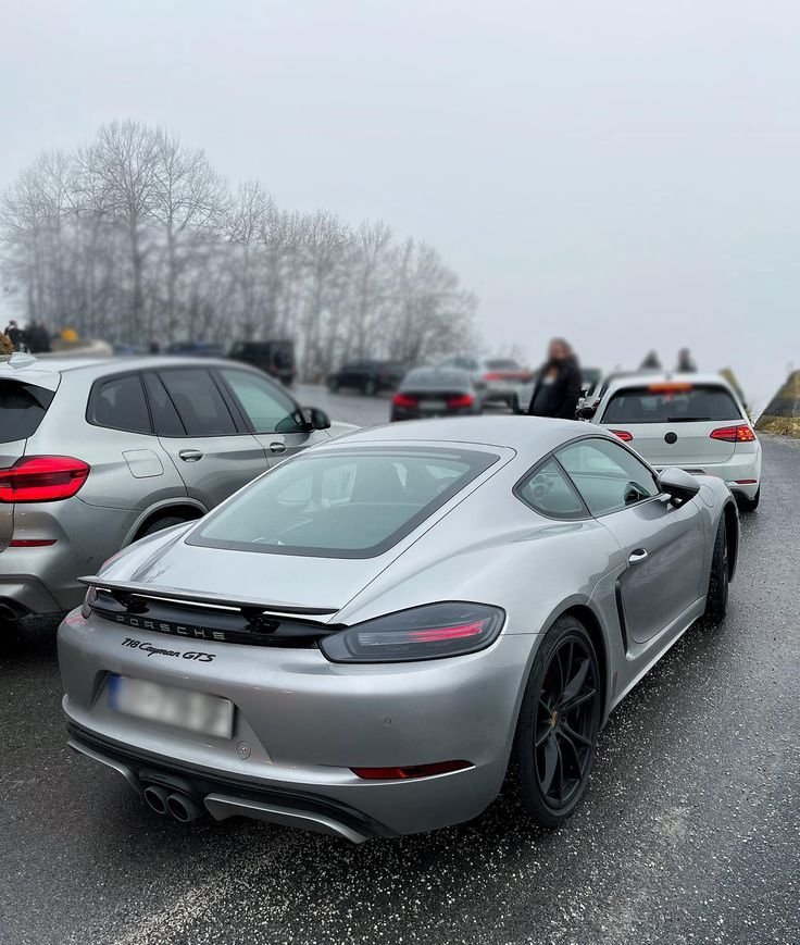 a silver sports car is parked on the side of the road with other cars behind it