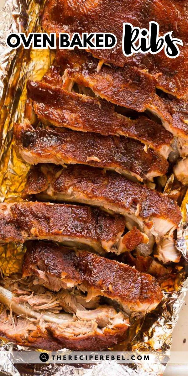 oven baked ribs in foil with text overlay