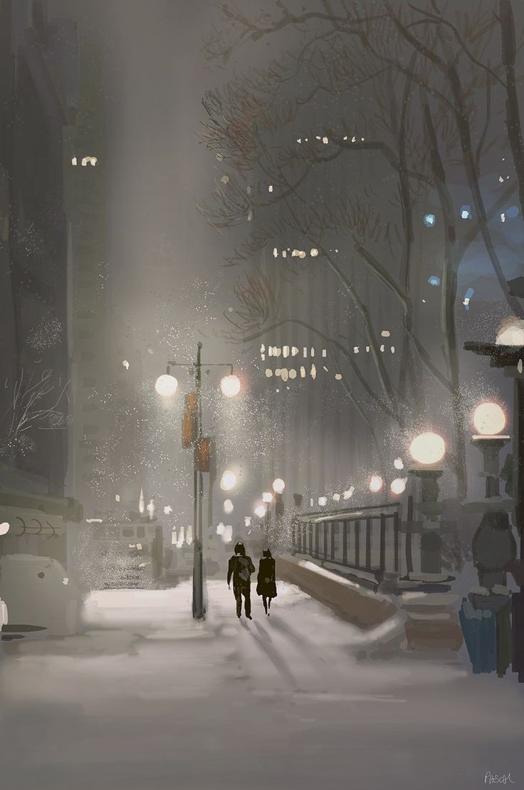 two people are walking down the street in the snow at night, with lights on