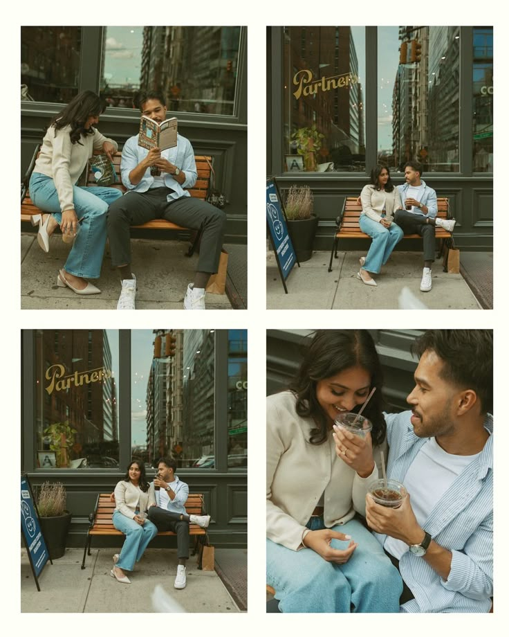 two people sitting on a bench in front of a building and one person holding a cup