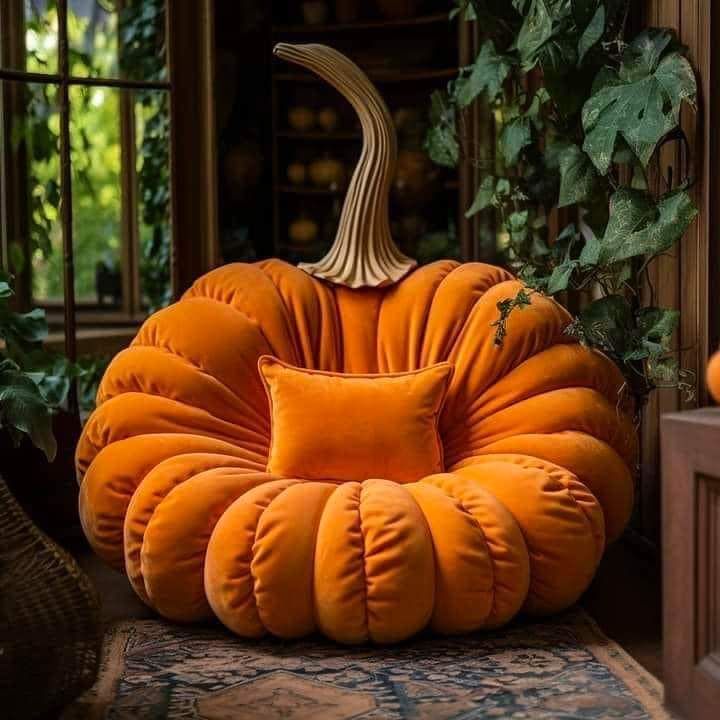 an orange pumpkin shaped chair sitting on top of a rug