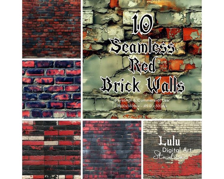 the brick wall is painted red and black with white writing on it, which reads 10 seamless red brick walls