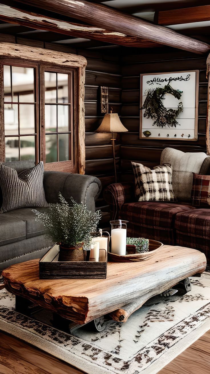 a living room filled with furniture and a wooden table on top of a rug in front of a window