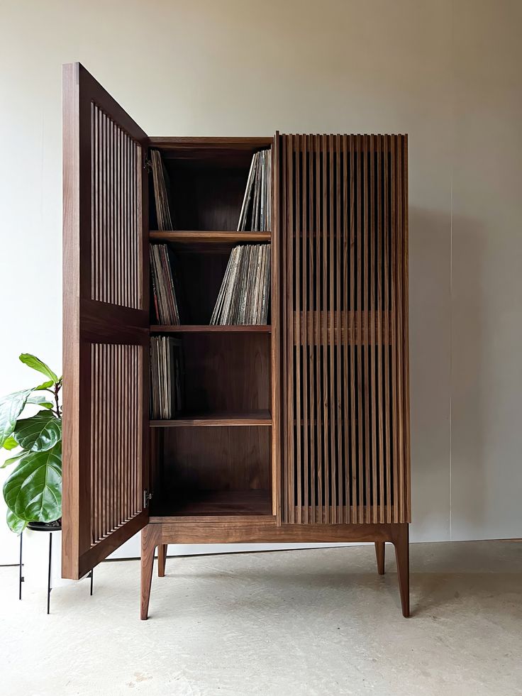 an open wooden cabinet with vinyl records in it and a plant on the floor next to it