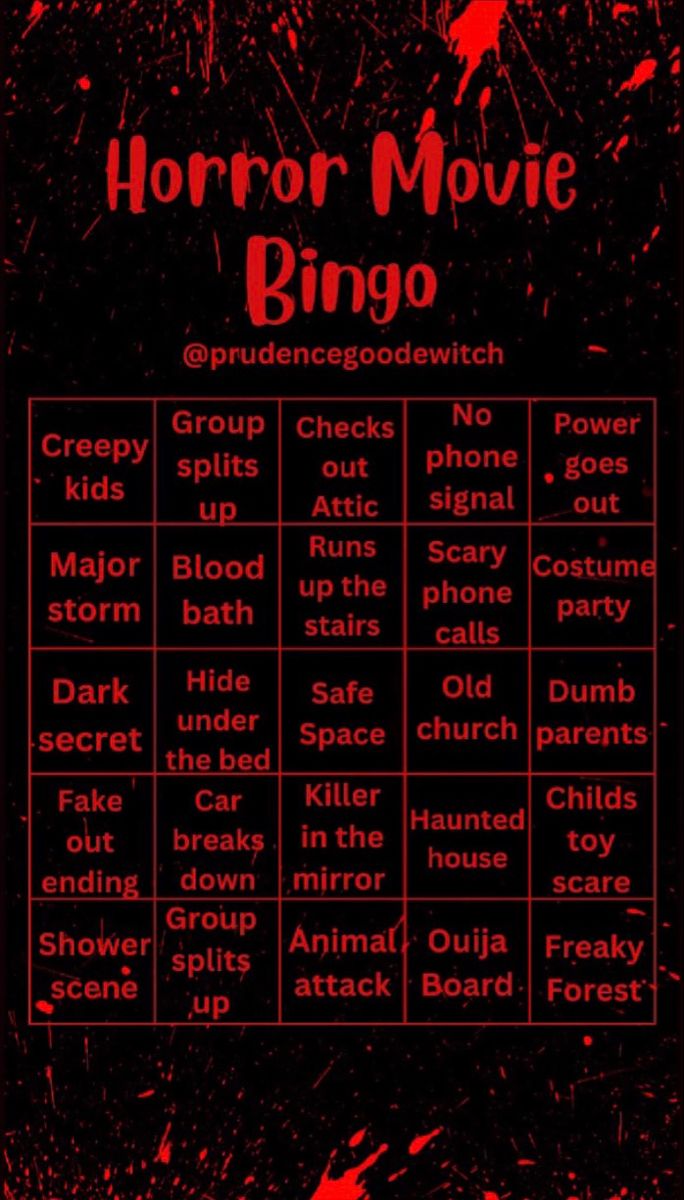 the horror movie bingo game is shown with red paint splattered on it and black background