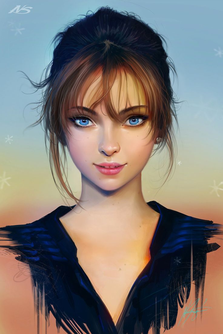 a digital painting of a woman with blue eyes