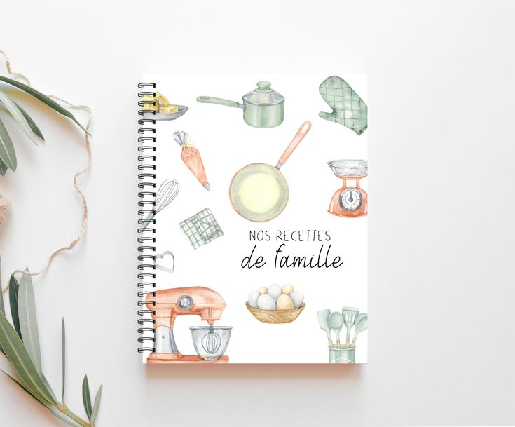 a notebook with an illustration of cooking utensils and other kitchen items on it