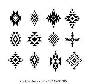 a set of black and white native american geometric designs, isolated on a white background