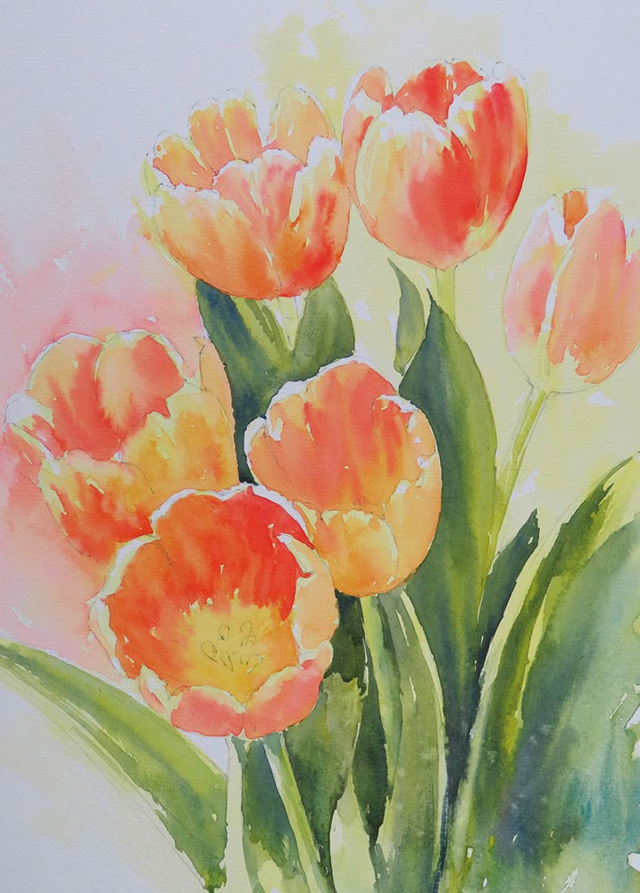 watercolor painting of orange and yellow tulips