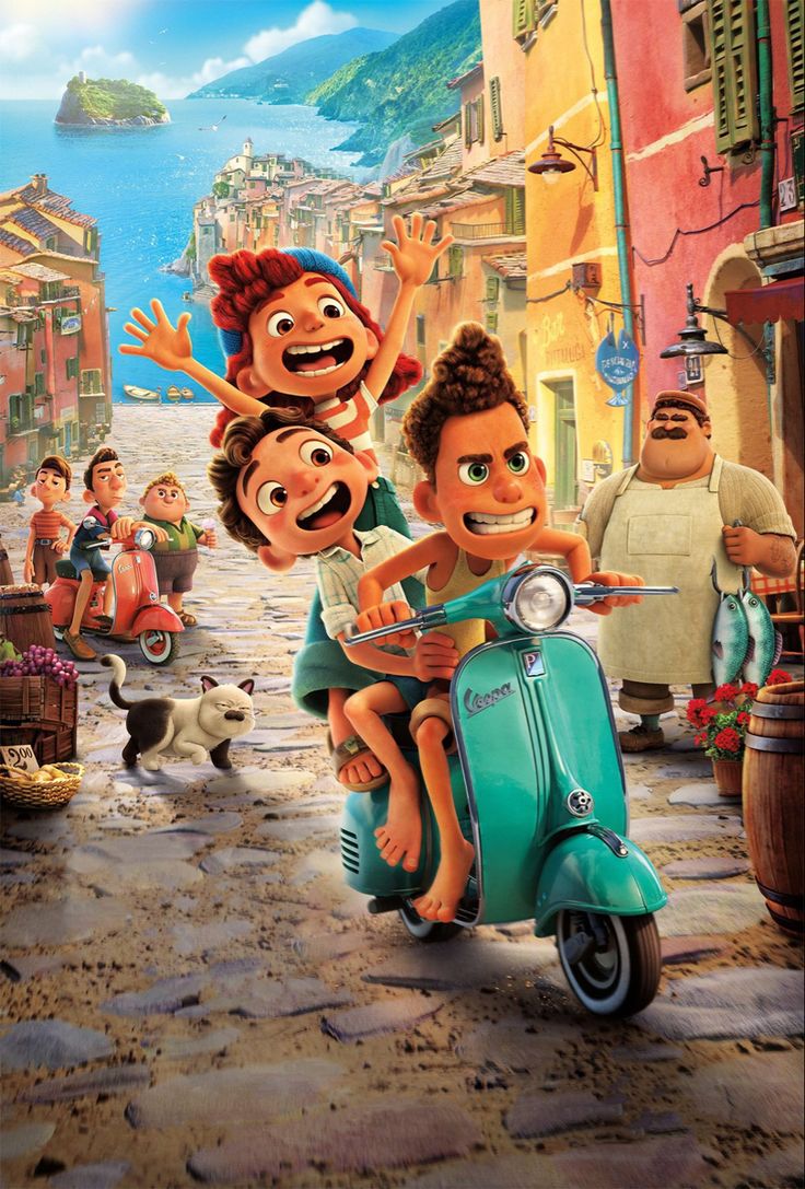 the movie poster for luca with three children riding on a scooter in front of them