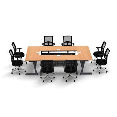 an office table with six chairs and a computer monitor on top, in front of a white background