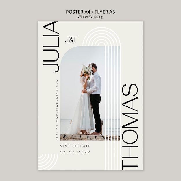 a poster for a wedding with an image of a couple in white and black on it