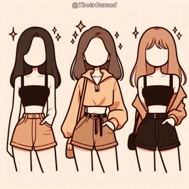 three girls in different outfits standing next to each other with their hands on their hipss