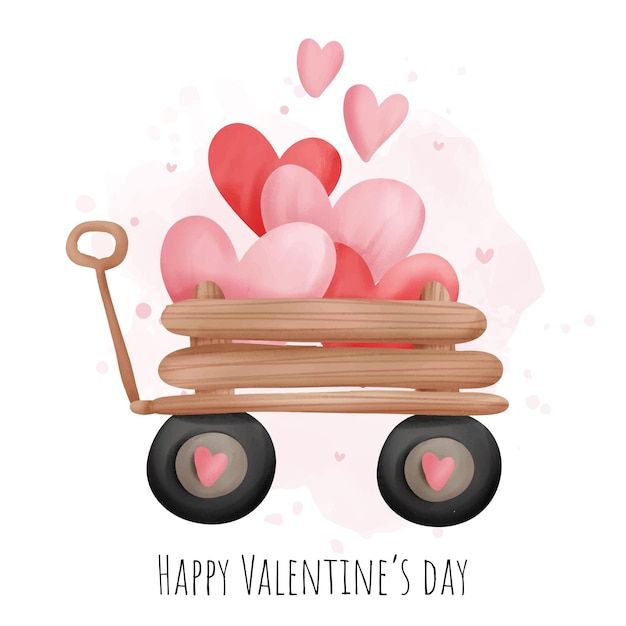 valentine's day card with wagon filled with hearts