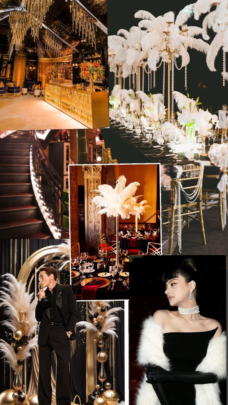 a collage of photos with chandeliers, tables and chairs in the background