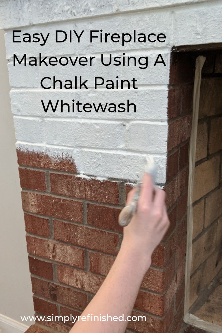 a person painting a brick fireplace with white paint and the words easy diy fireplace makeover using a chalk paint whitewash