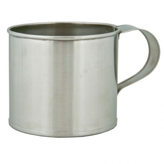 a stainless steel coffee mug on a white background