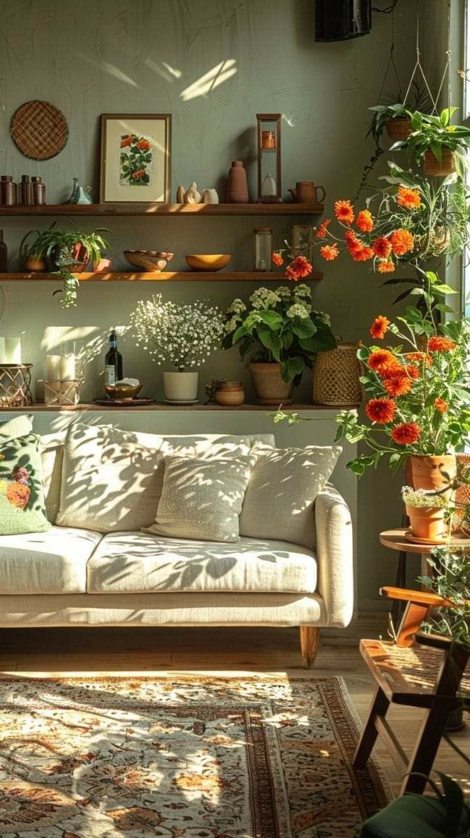 a living room filled with furniture and lots of plants on top of the shelves in front of it