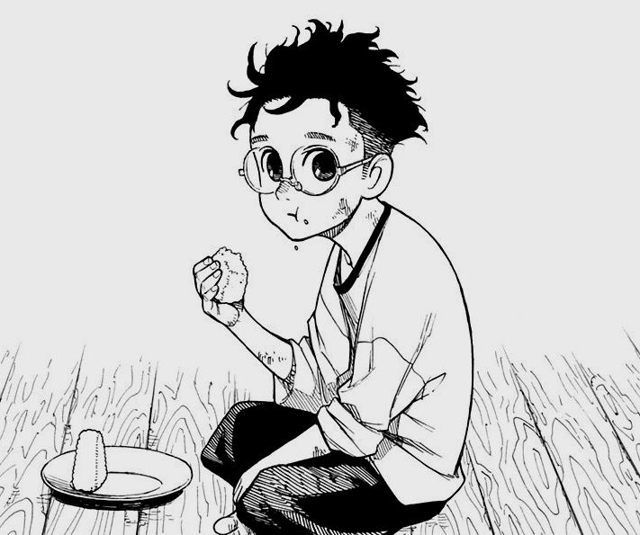 a black and white drawing of a boy sitting on the floor with food in front of him