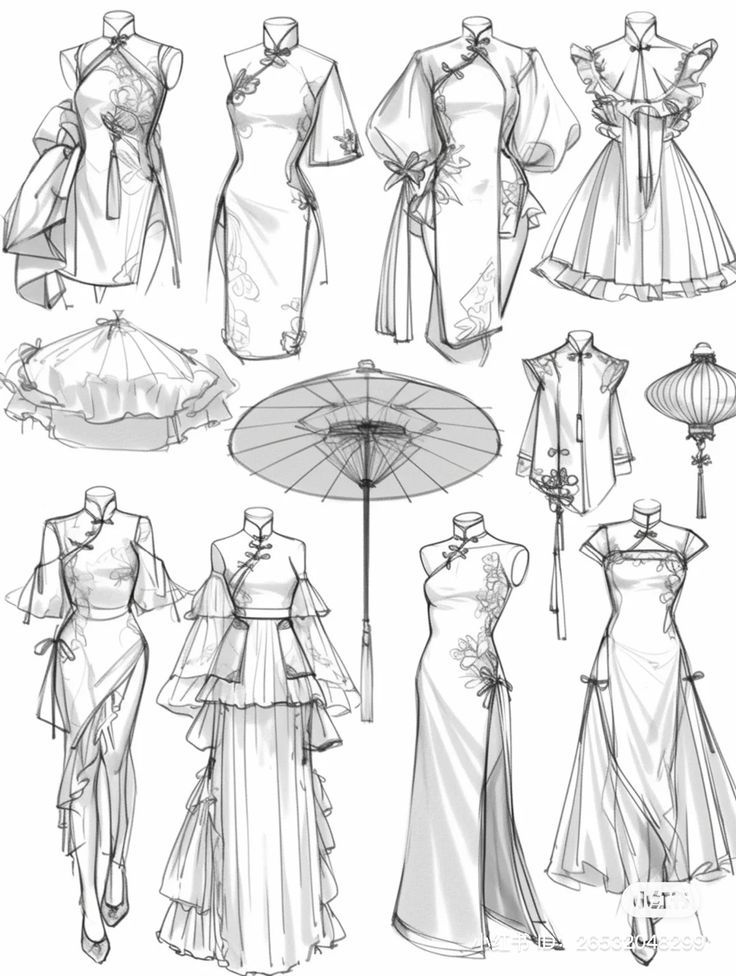 sketches of dresses and umbrellas for women