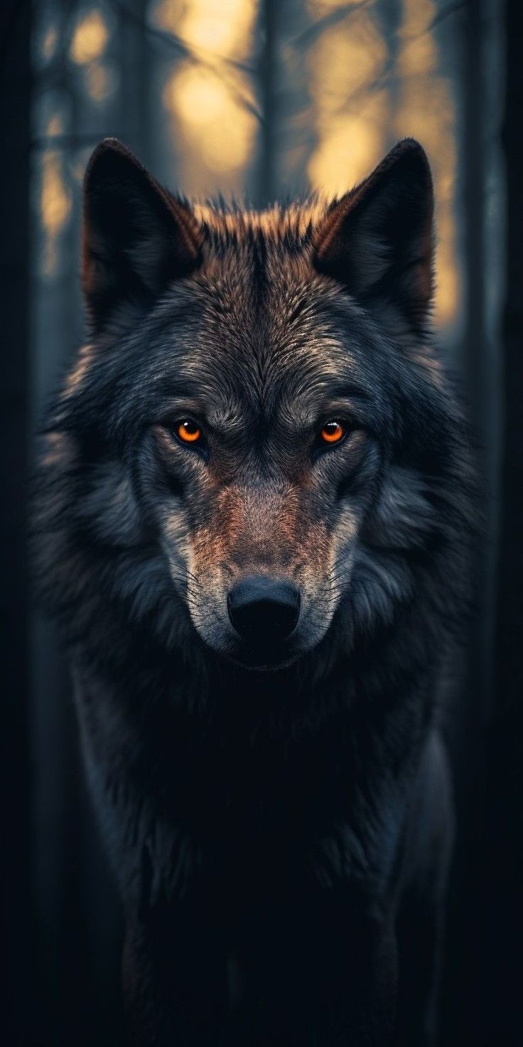 a wolf staring at the camera in front of trees with bright orange eyes and dark background