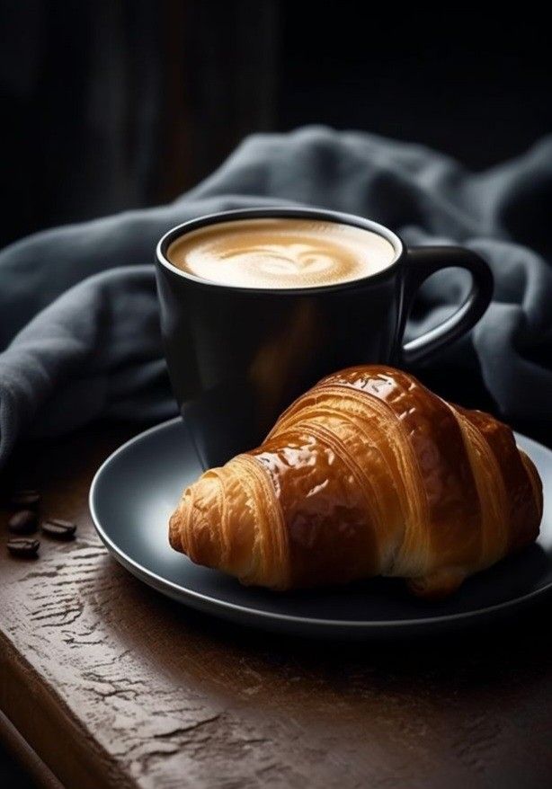 a croissant on a plate next to a cup of coffee