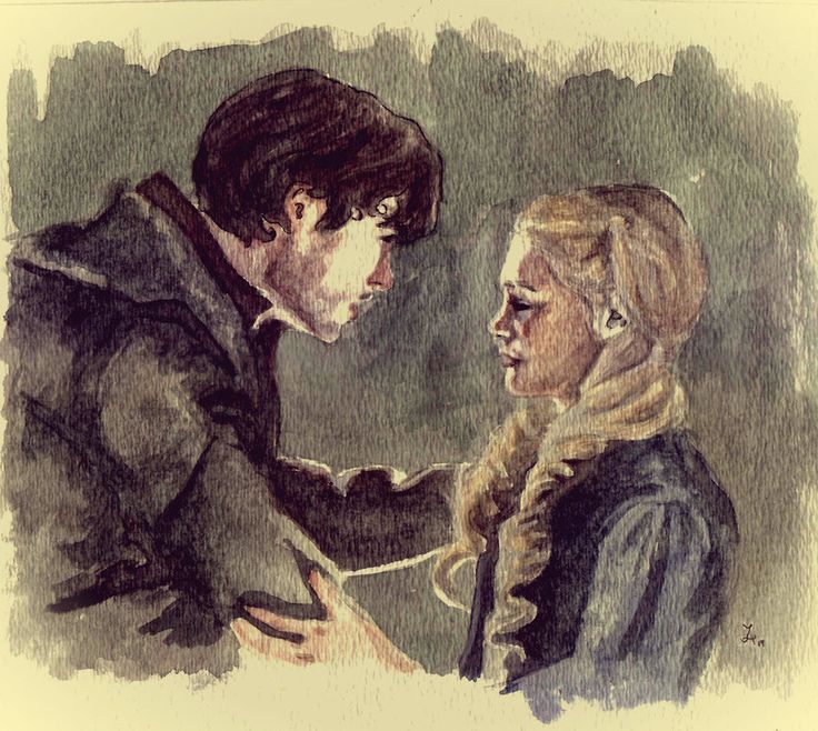 a drawing of two people facing each other with one holding the other's hand