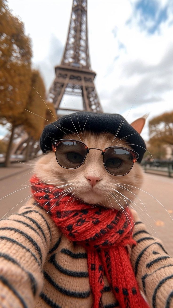 a cat wearing sunglasses and a scarf in front of the eiffel tower