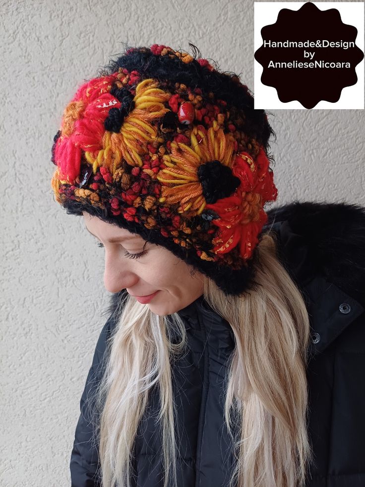 The color of the hat is black mixt red , ocher and yellow. Hand embroidered red and ocher flowers. Hat fits for a head circumference of - 56-58 cm / 22,04 - 22,83 " The color of the product in the photo may differ from the real one due to the color settings of your monitor. Recommendations for care: gentle hand washing at temperatures up to 30 degrees or cold , drying on a large cup. Thank you for visiting my store  Have a great day! Red Winter Hats For Gifts, Red Winter Hat As A Gift, Red Hat As A Gift, One Size Fits All, Red Hat As A Gift, One Size Hats For Fall Gift, Red Mini Hat For Winter Gift, One Size Fits Most Hats As Fall Gift, Red Knitted Hat For Fall, Handmade Hats For Fall Gifts