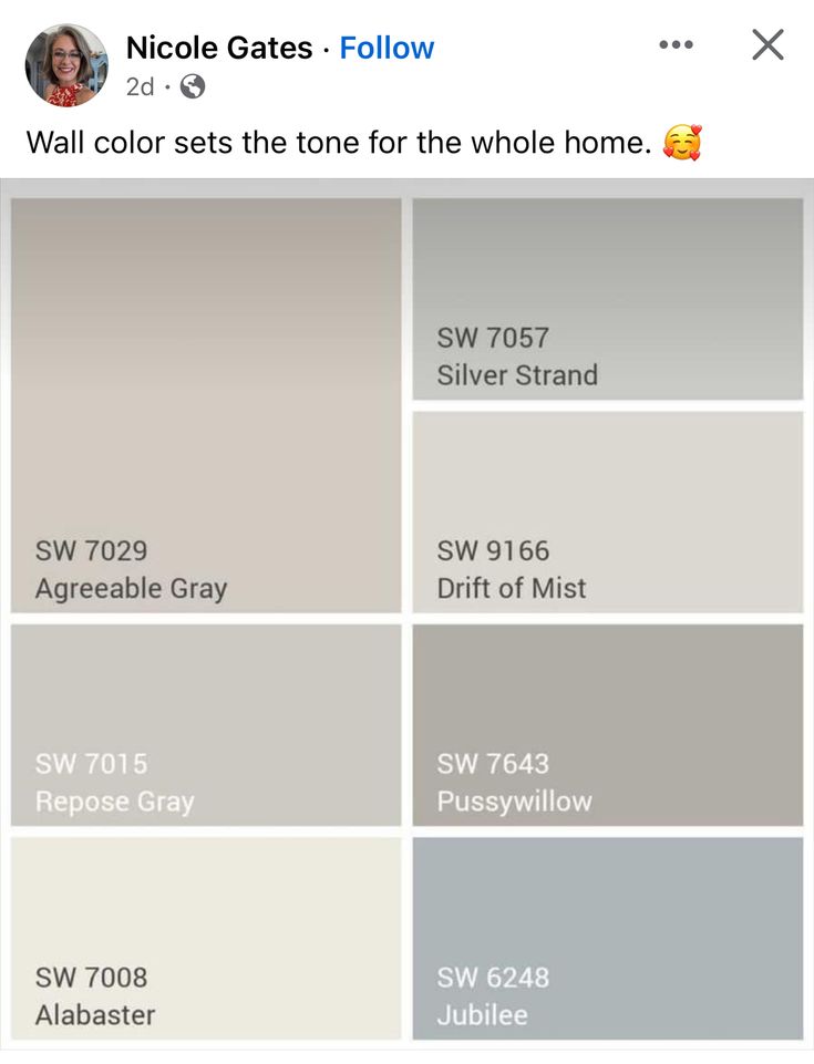 some gray and white paint swatches on a wall with the words nicole gates follow