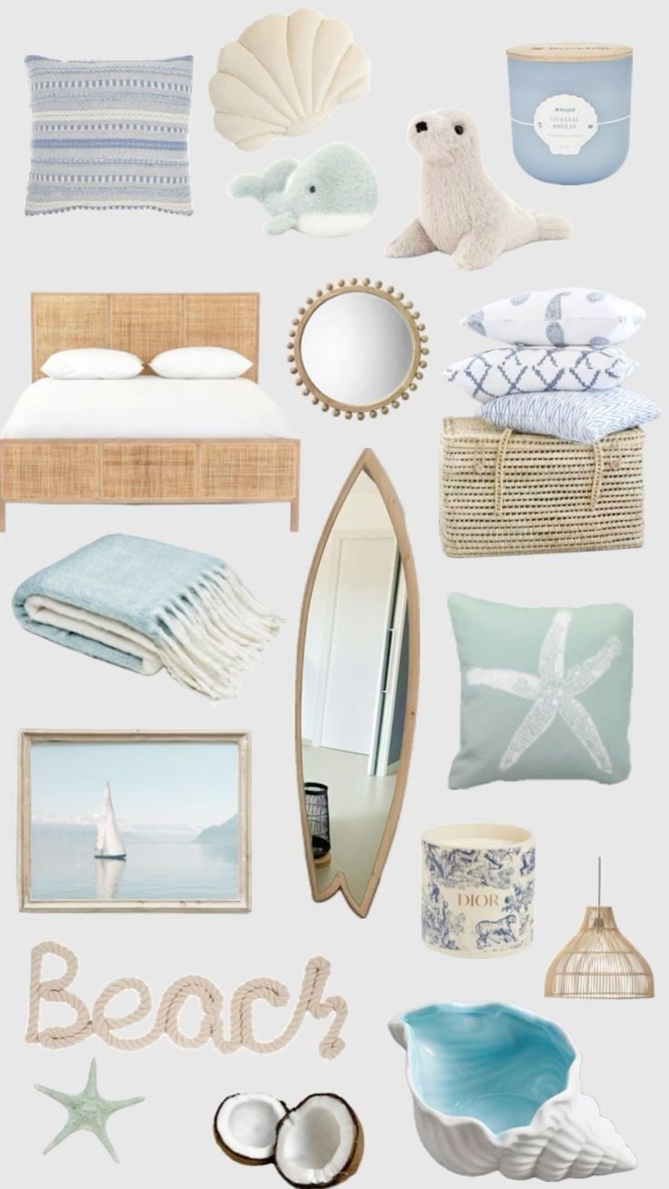 a collage of sea themed items including shells, seashells and other things