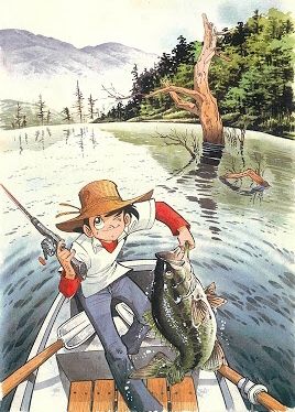 an illustration of a boy in a boat holding a fish