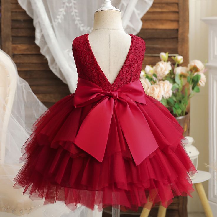 Baby Princess Party Red Dresses for Christmas Backless Lace Little Girls Birthday Wedding Evening Layered Tulle Dress, Tutu En Tulle, Birthday Princess Dress, Baby Summer Dresses, Christmas Dress Baby, Red Christmas Dress, Red Summer Dresses, White Flower Girl Dresses, Baptism Dress