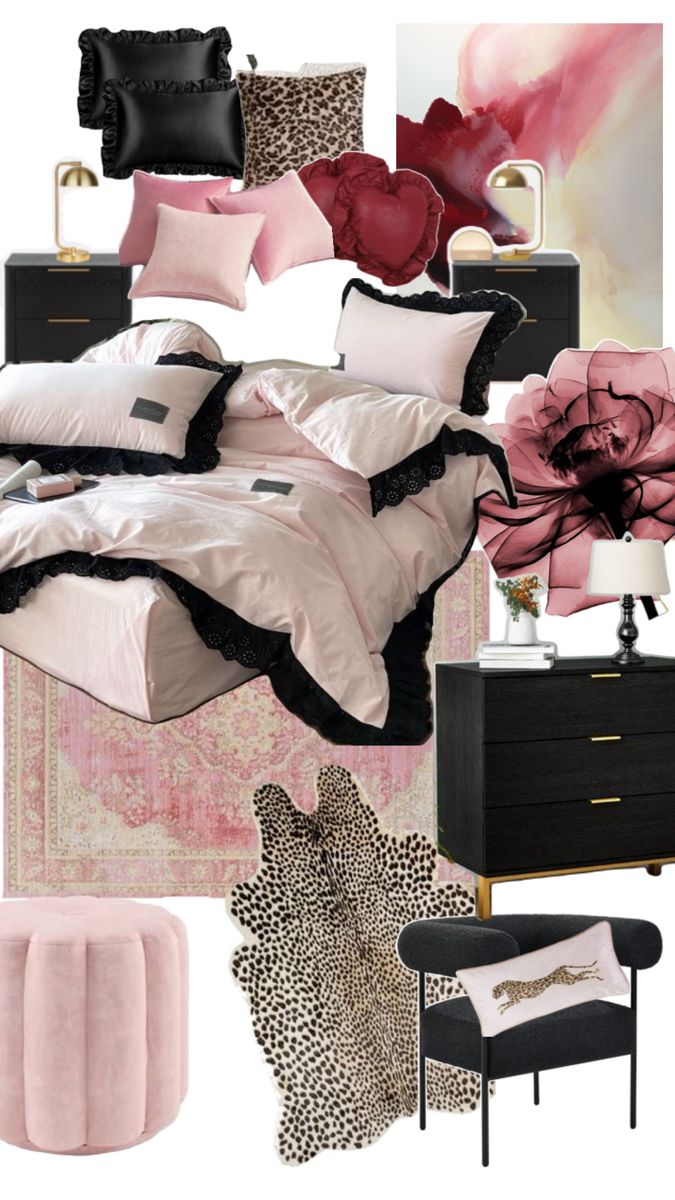 a bedroom with pink and black accents, leopard print rugs, bedding and pillows