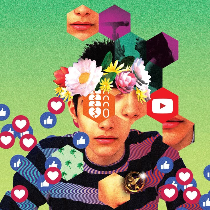 a man with flowers on his head is surrounded by social media icons and he's looking at the camera