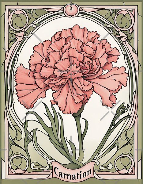 a pink carnation flower on a green background with an ornate border around the center